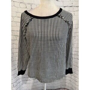 Ann Taylor Loft Black and White Houndstooth Long-Sleeve Cotton Top Medium